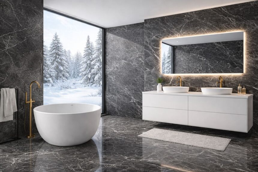 Allure vannituba luksusliku interjööriga, mööbel ja vaade õues olevale lumisele kuusemetsale