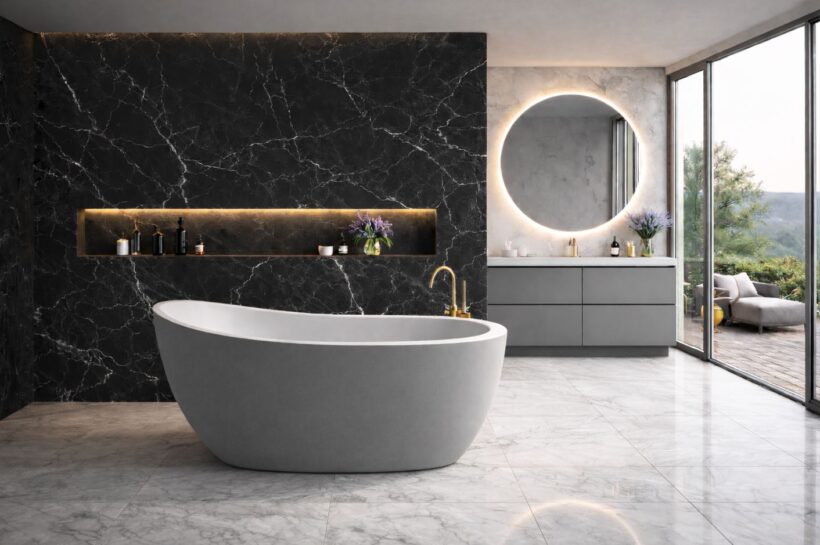 Gaia halli välisviimistlusega kivivann musta marmorist tagaseina ja valge marmorist põrandaga vannitoas