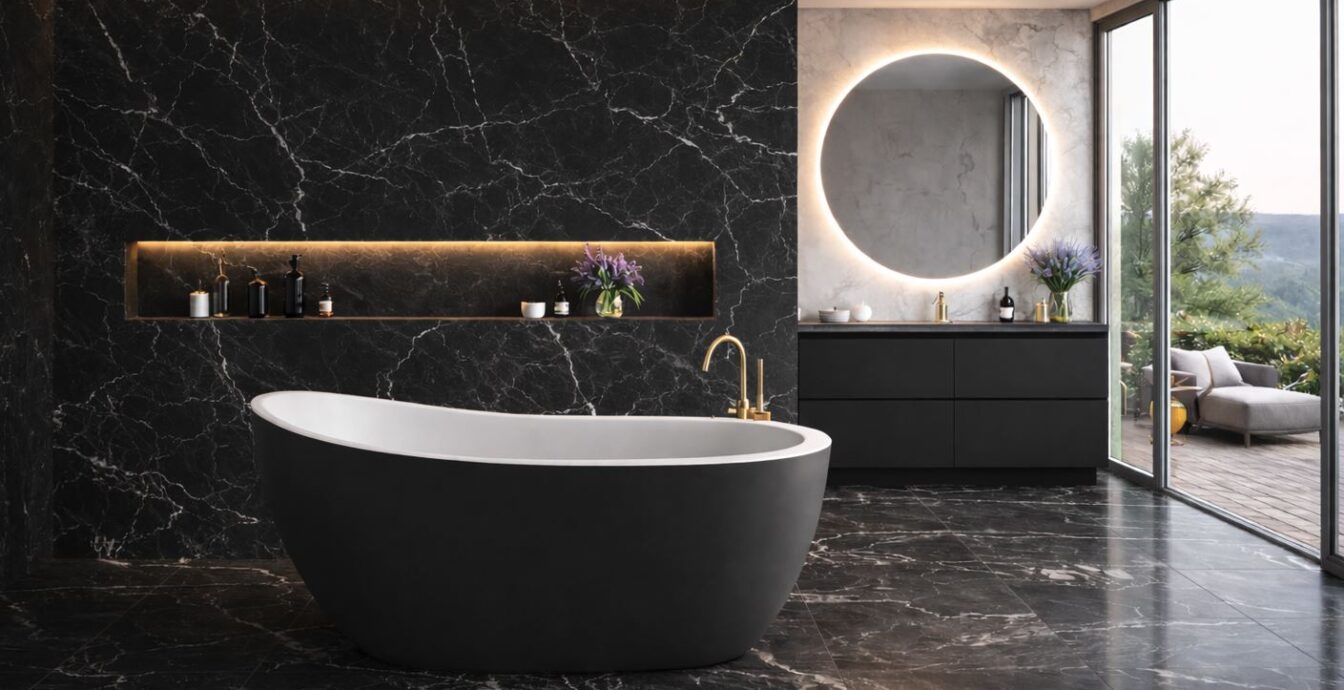 Gaia vann musta viimistlusega musta marmorviimistlusega vannitoas