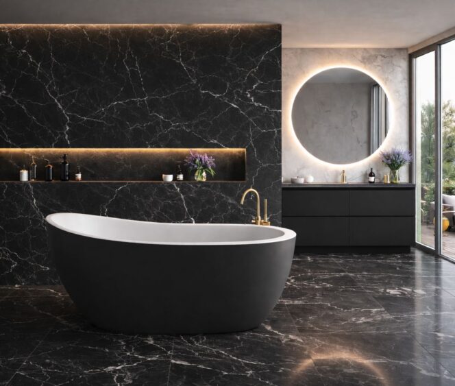 Gaia vann musta viimistlusega musta marmorviimistlusega vannitoas