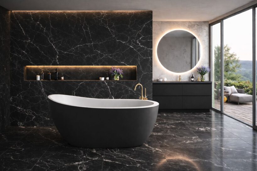 Gaia vann musta viimistlusega musta marmorviimistlusega vannitoas