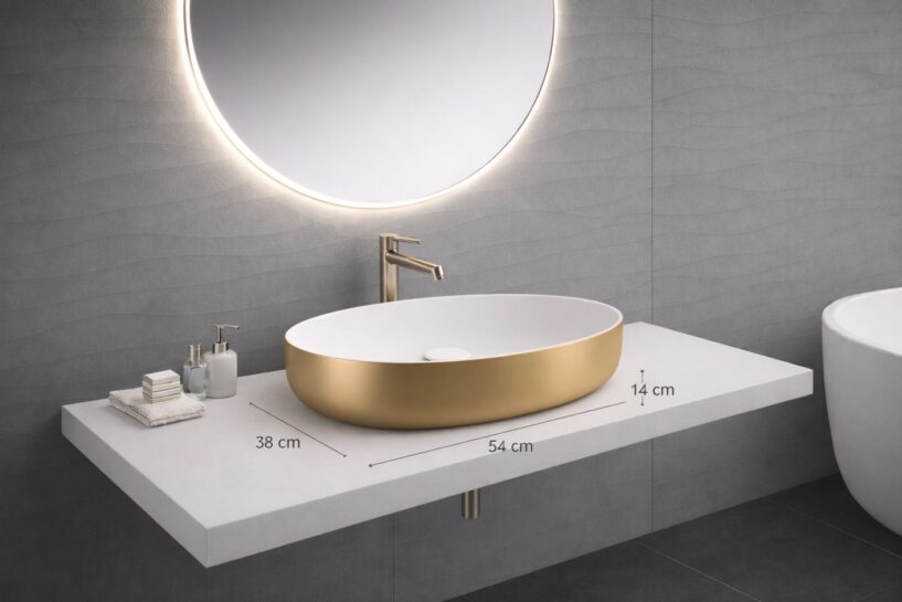 Neo E seeria valamu kuldse viimistlusega modernses vannitoas