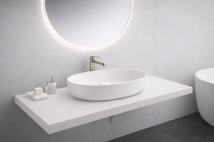 Neo E seeria valge viimistlusega valamu heledas vannitoas