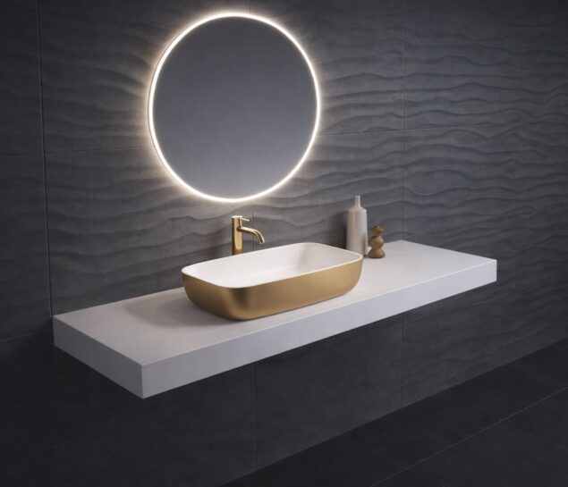 Neo R series basin in gold finish, axonometric view