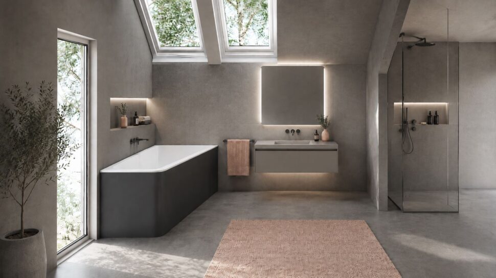Piano bathtub with black finish in a bathroom interior