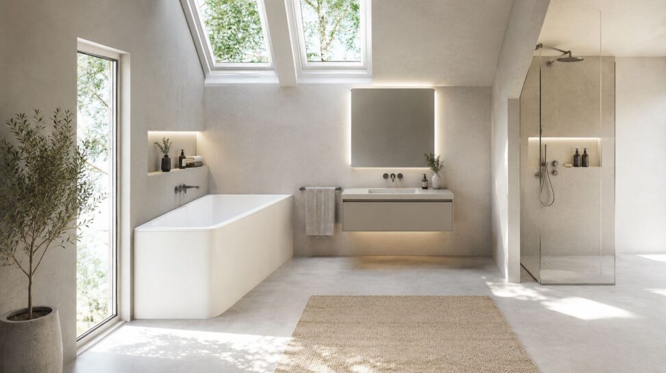 White Piano bathtub in a bright bathroom interior