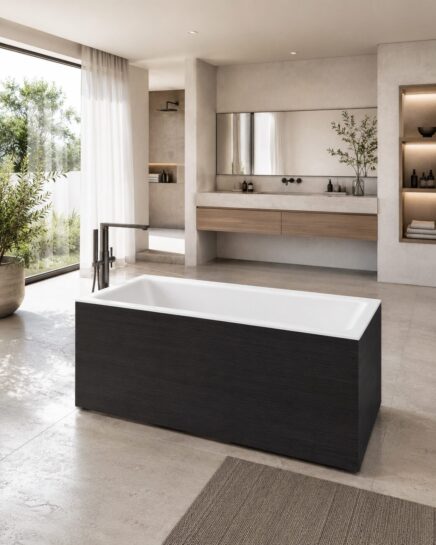 Plano Xonyx™ stone bathtub with black panel in a bathroom interior