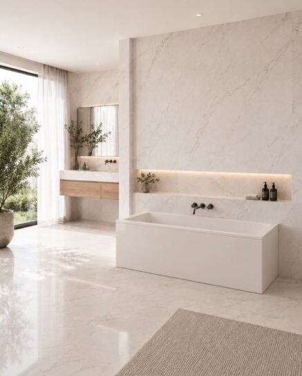 Plano Xonyx™ stone bathtub with white high-gloss PVC panel in a bathroom interior