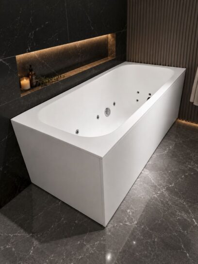 Vigo 170 solid surface massage bathtub in a bright luxury bathroom