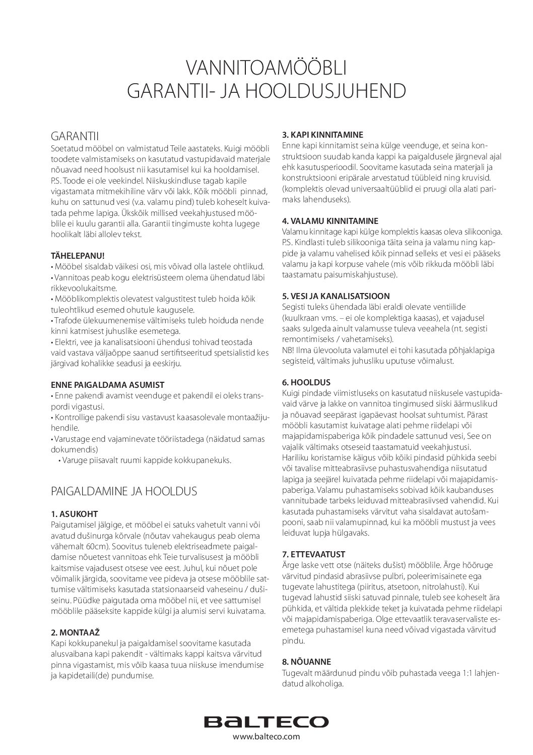 Balteco bathroom furniture warranty and maintenance manual