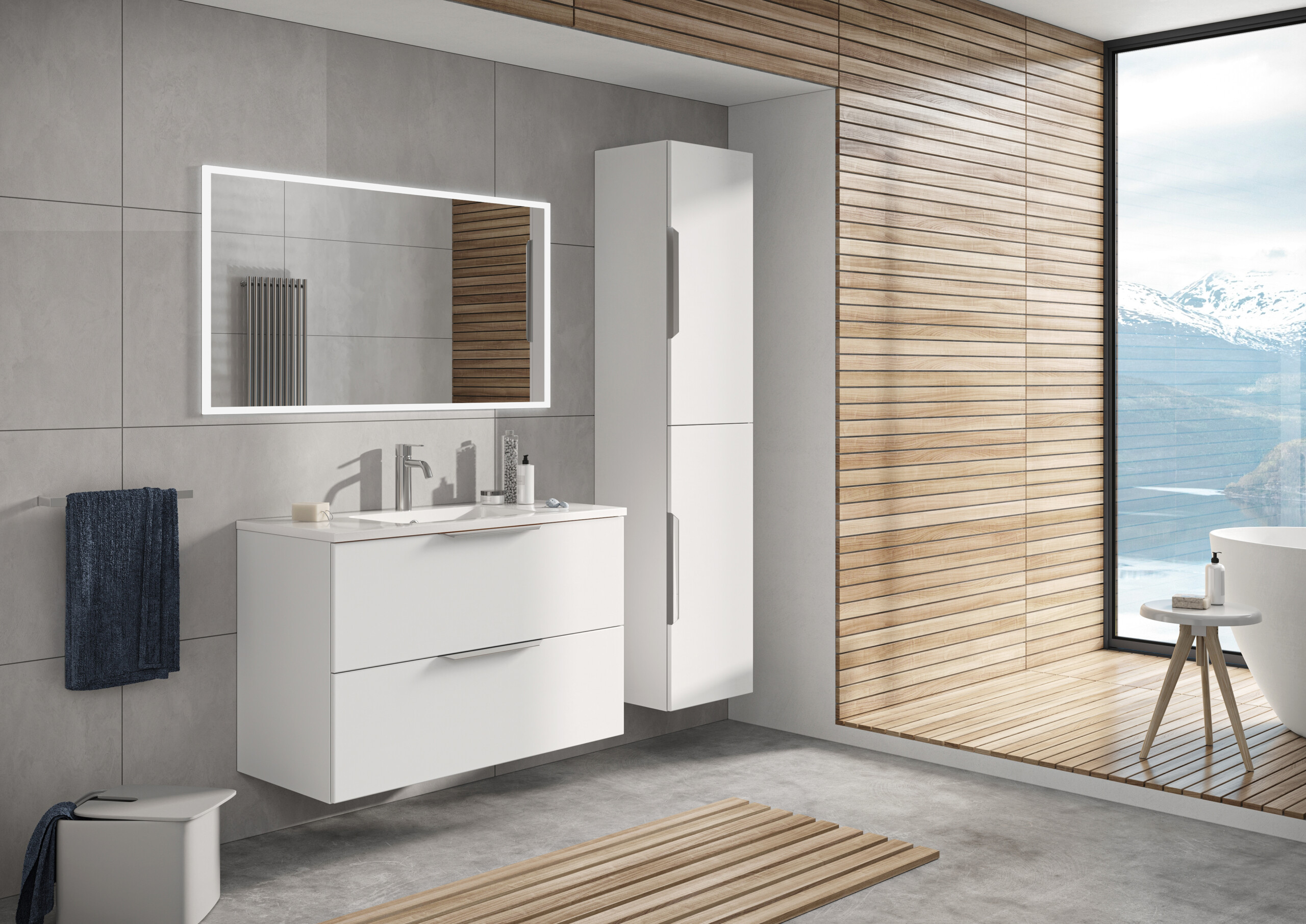 Forma vannitoamööbel,Balteco mööbel,vannitoamööbel,poolmatt toon,PVC viimistlus,Blum Tandembox,Xonyx lettvalamu,GelCast valamu,LED-peegel,Eesti disain
