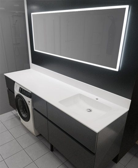 Grada XL vannas istabas mēbeles tumšā krāsā ar Xonyx virsmu un iebūvētu veļas mašīnu