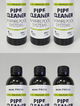 Kuus pudelit Balteco Pipe Cleaner 500 ml puhastusvahendit massaaživannide torustiku puhastamiseks ja desinfitseerimiseks.