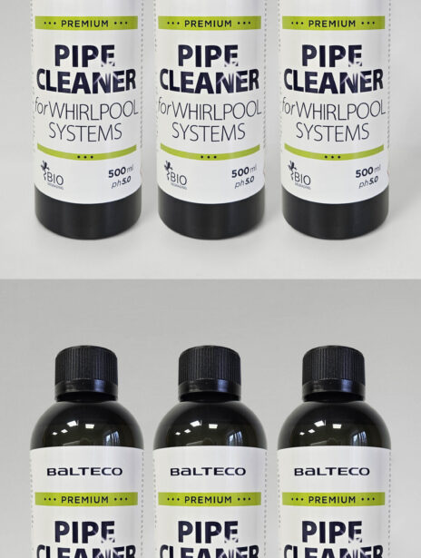 Kuus pudelit Balteco Pipe Cleaner 500 ml puhastusvahendit massaaživannide torustiku puhastamiseks ja desinfitseerimiseks.