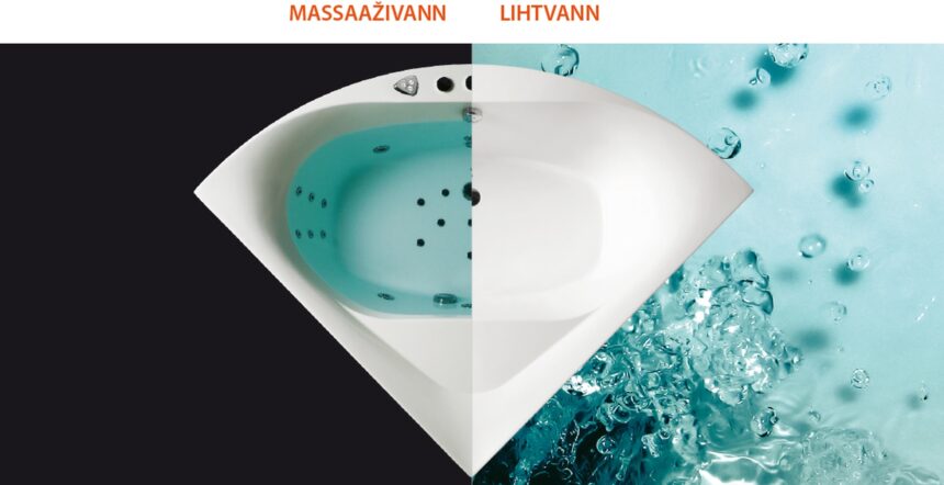 Nurgavann, mille vasak pool kujutab massaaživanni ja parem pool lihtvanni, taustal tume ning veesulpsudega helesinine pind.