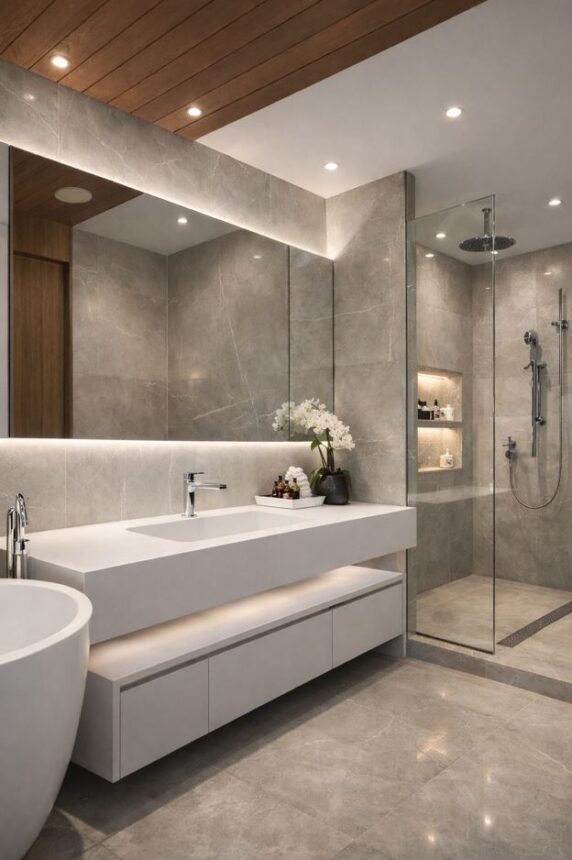 Xonyx™ solid surface stalviršinis praustuvas dušo kambaryje