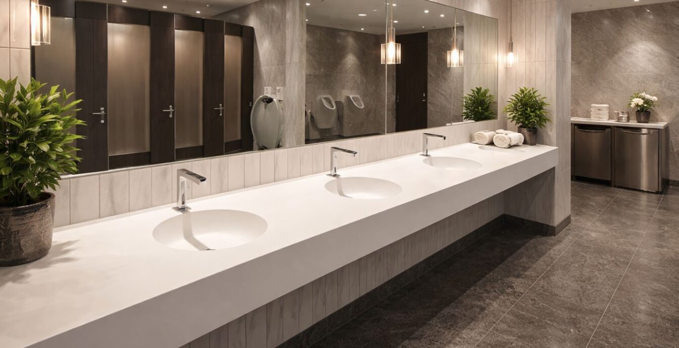 Xonyx™ stalviršinis praustuvas su apvaliais įleistais dubenimis moderniame vonios kambaryje