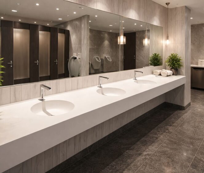 Xonyx™ stalviršinis praustuvas su apvaliais įleistais dubenimis moderniame vonios kambaryje