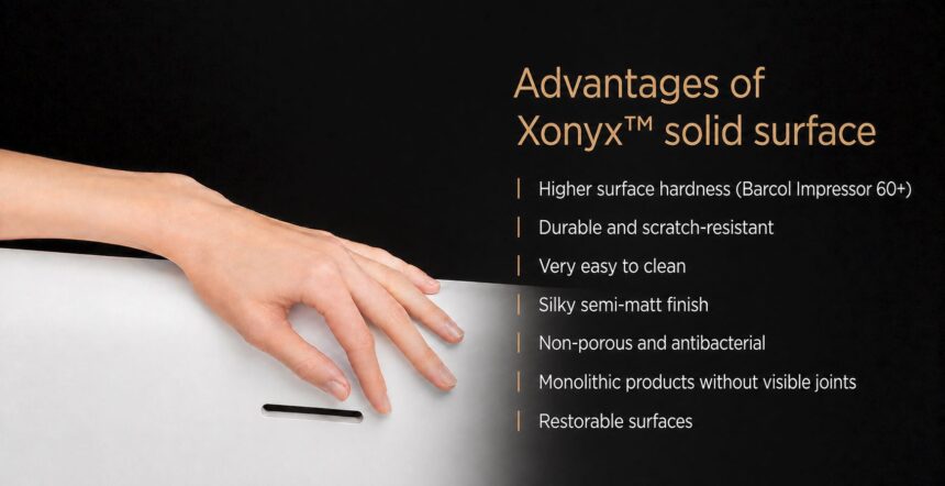 Key advantages of Xonyx™ Solid Surface material, including durability, easy cleaning, non-porous structure and a silky semi-matt finish.