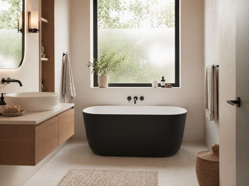 Kompaktne väike vannituba musta välispinna ja valge sisuga Azur Xonyx™ kivivanniga.