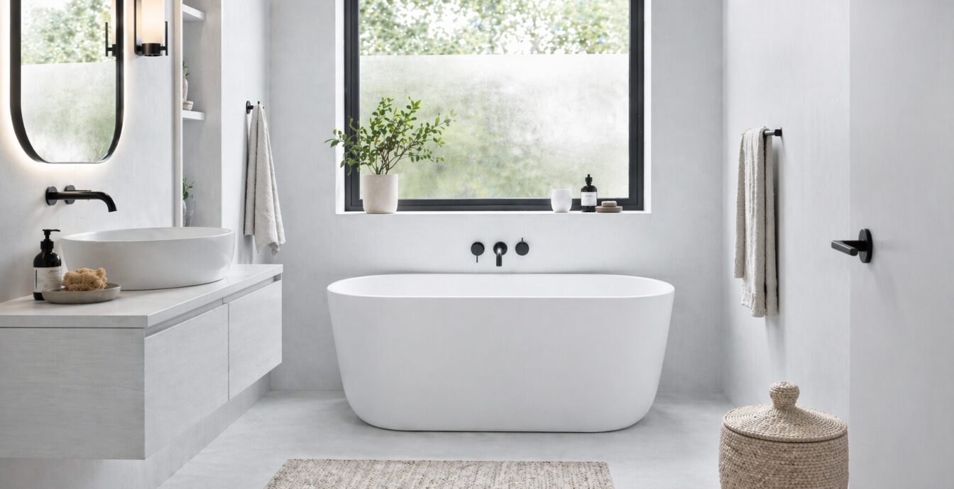 Heledates toonides väike vannituba valge Azur Xonyx™ kivivanniga, helehalli, õrnalt sinaka ja helehalli viimistlusega.