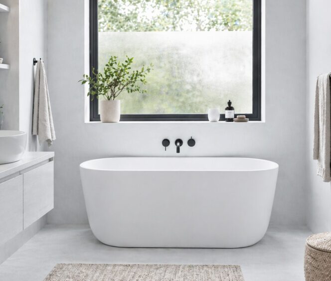 Heledates toonides väike vannituba valge Azur Xonyx™ kivivanniga, helehalli, õrnalt sinaka ja helehalli viimistlusega.