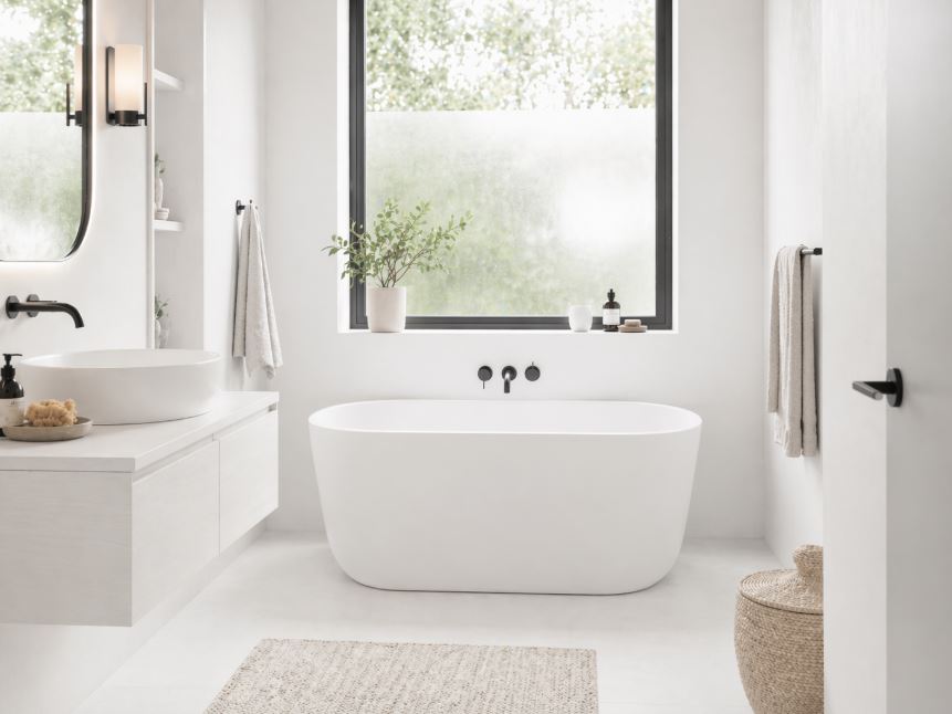 Heledates toonides väike vannituba valge Azur Xonyx™ kivivanniga akna all.