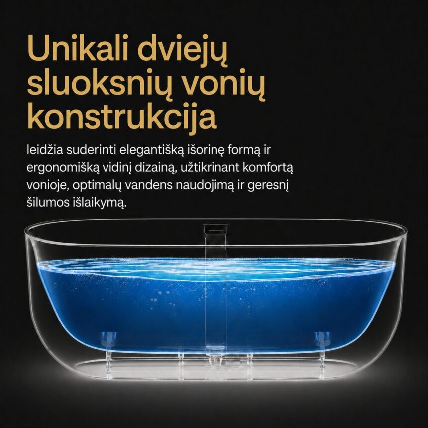 Unikali dviejų sluoksnių vonių konstrukcija su elegantiška išorine forma ir ergonomišku vidiniu dizainu komfortui, optimaliam vandens naudojimui ir geresniam šilumos išlaikymui.