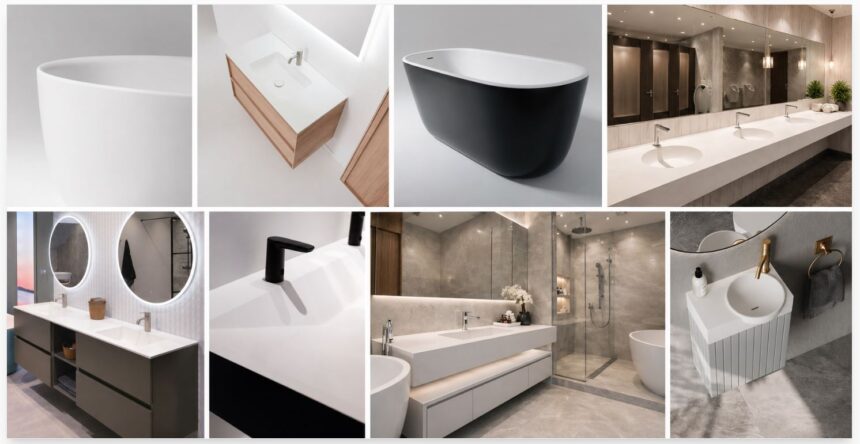 Kollaaž Xonyx™ vannitoa lahendustest, sh valamutest, vannidest, tasapindadest ja modernsetest vannitoasisustustest.