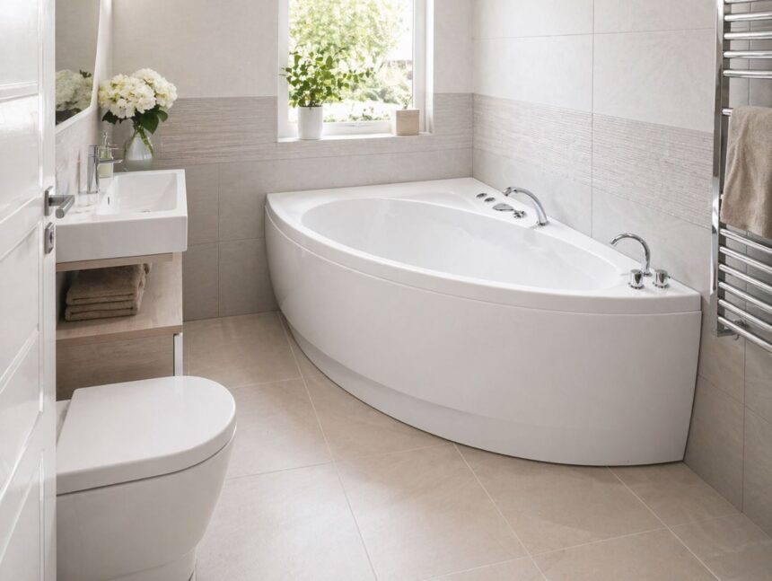 Valge Idea tilgakujuline akrüülvann väikeses heledas vannitoas.