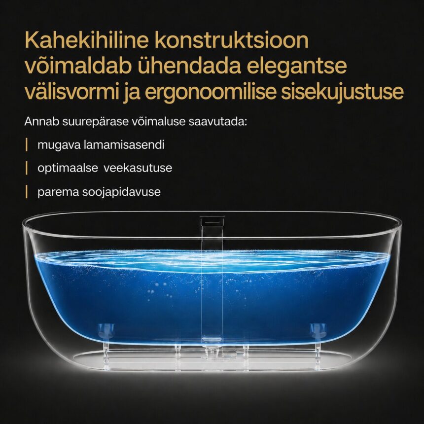 Läbilõikevaade kahekihilise konstruktsiooniga vannist, mis ühendab elegantse välisvormi ja ergonoomilise sisekuju.