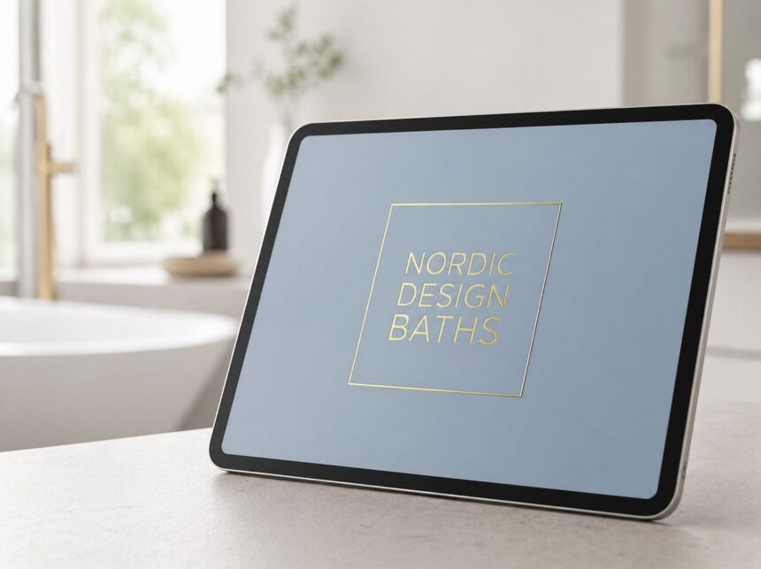 Tahvelarvuti Nordic Design Baths logoga heledas modernses vannitoas.