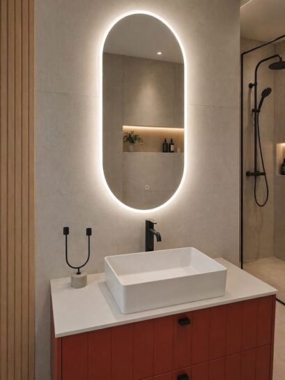 Ovaalne LED-valgustusega peegel moodsa punase valamukapi kohal heledas ja avaras vannitoas.