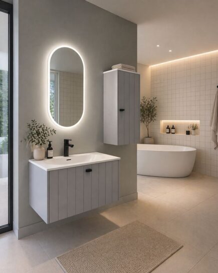 O-Series oval LED mirror above grey NORD bathroom furniture in a modern bathroom.