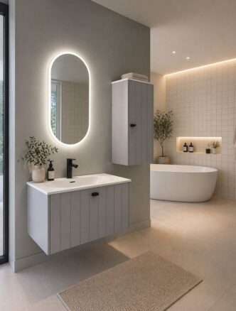 Väiksem ovaalne LED-peegel halli valamukapi ja seinakapiga avaras heledas vannitoas.