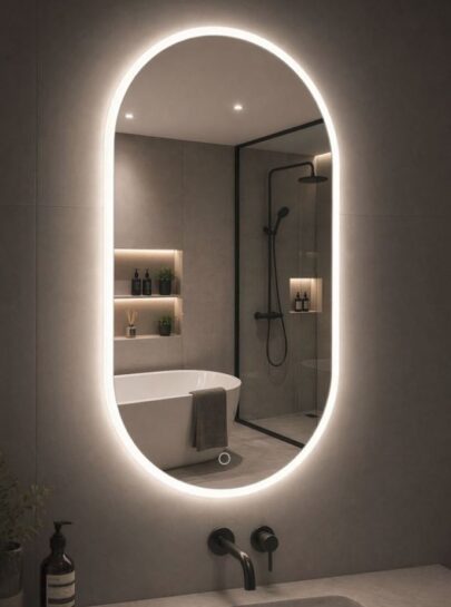 O-Series oval LED mirror with a reflection of a modern bathroom interior.