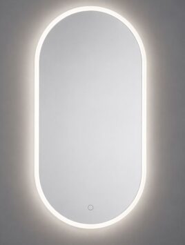 O-seeria ovaalne LED-peegel eestvaates, ühtlase taustvalguse ja hajutatud peegeldusega.