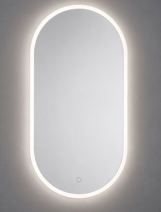 O-seeria ovaalne LED-peegel eestvaates, ühtlase taustvalguse ja hajutatud peegeldusega.