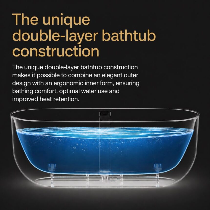 Double-layer bathtub construction showing an elegant outer design, ergonomic inner form, optimal water use and improved heat retention.