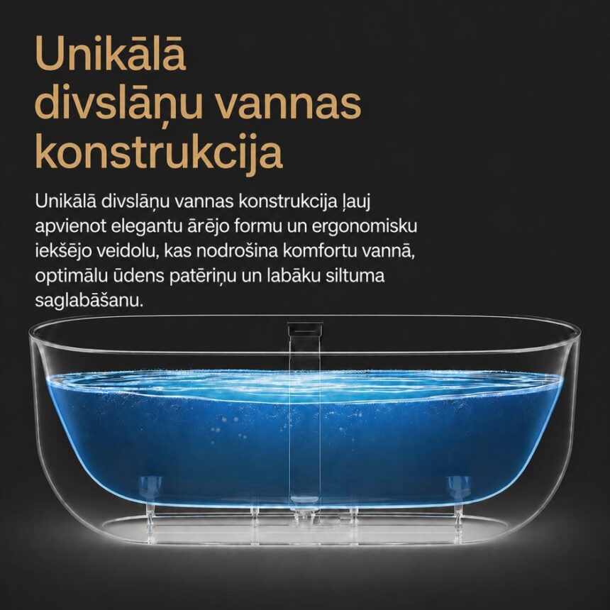 Unikālā divslāņu vannas konstrukcija ar elegantu ārējo formu un ergonomisku iekšējo veidolu komfortam, optimālam ūdens patēriņam un labākai siltuma saglabāšanai.