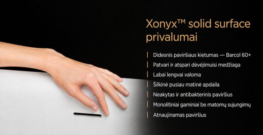 Xonyx™ Solid Surface privalumai: patvari, lengvai valoma, neakyta ir antibakterinė medžiaga su šilkine pusiau matine apdaila.