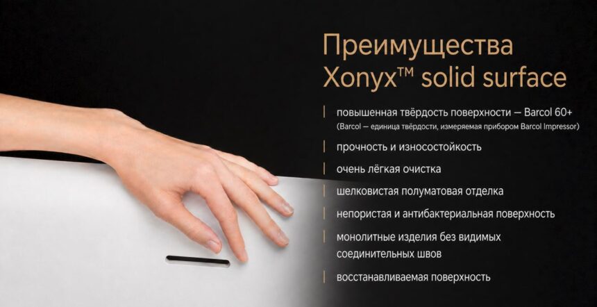Преимущества Xonyx™ Solid Surface: прочная, износостойкая, непористая и антибактериальная поверхность с шелковистой полуматовой отделкой.