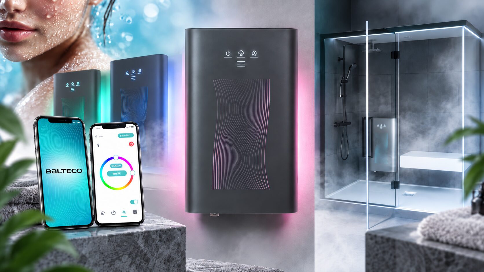 Balteco SteamBot steam generator with smart app and steam room