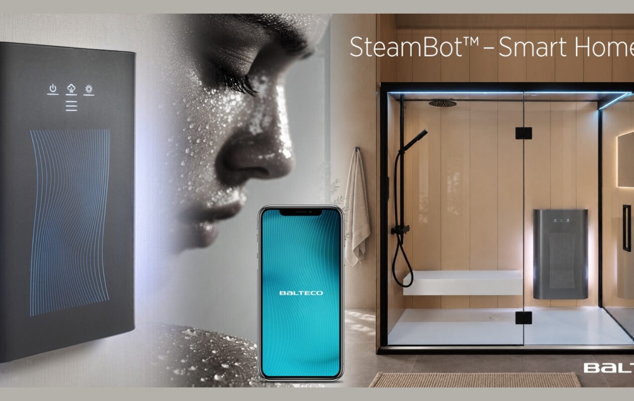 Balteco SteamBot™ aurugeneraatori kollaaž nutitelefonist juhtimise ja klaasist dušinurga-aurusaunaga.