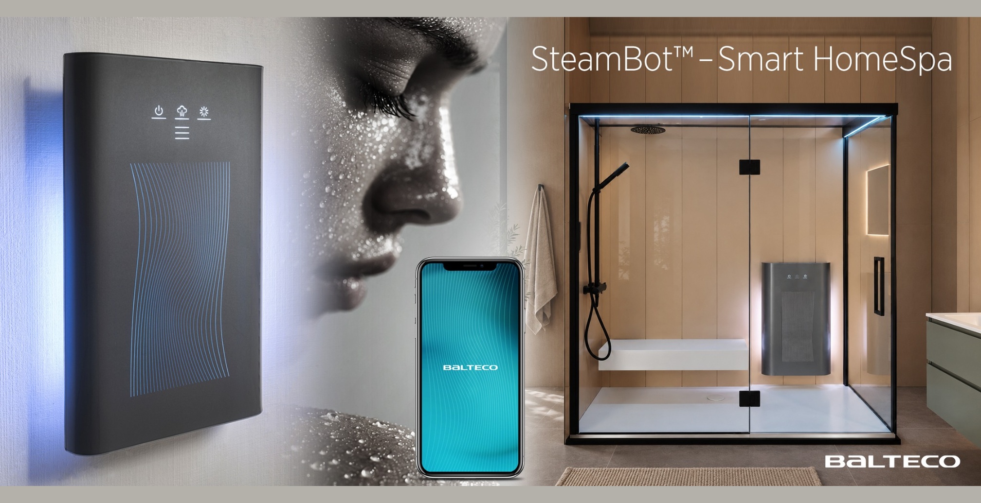 Balteco SteamBot™ aurugeneraatori kollaaž nutitelefonist juhtimise ja klaasist dušinurga-aurusaunaga.